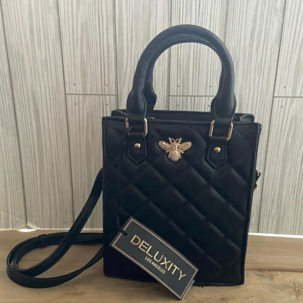 Deluxity Black Quilted Embeded Bee charm Vegan Leather Crossbody purse